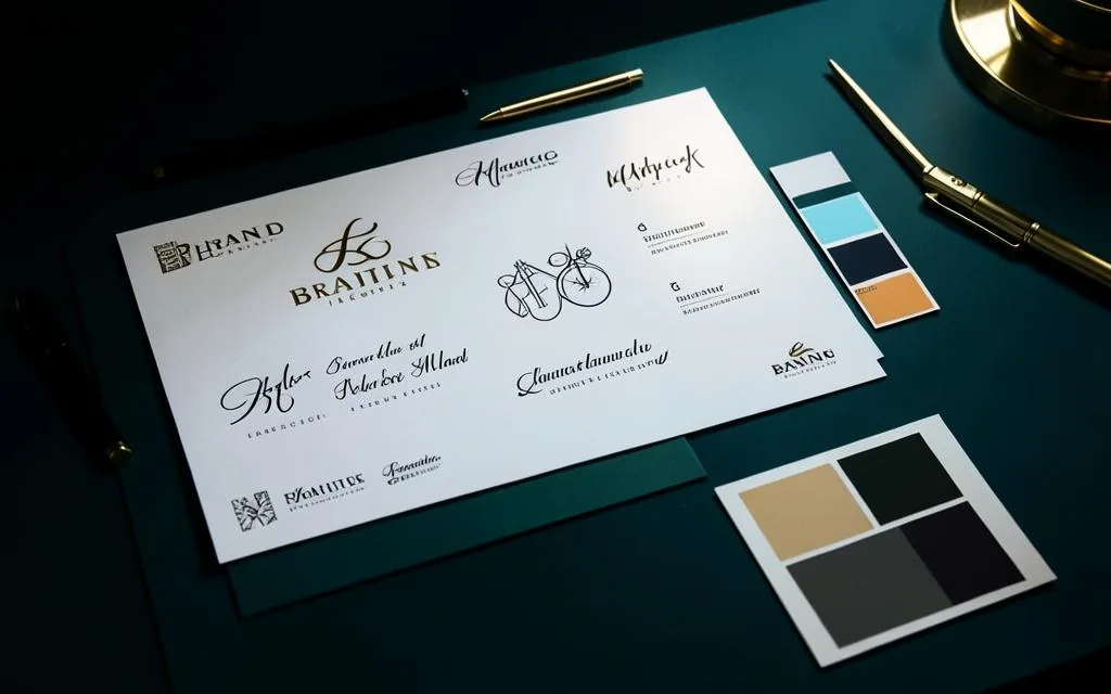 Brand identity sketches, typography and color swatches on a designer's desk