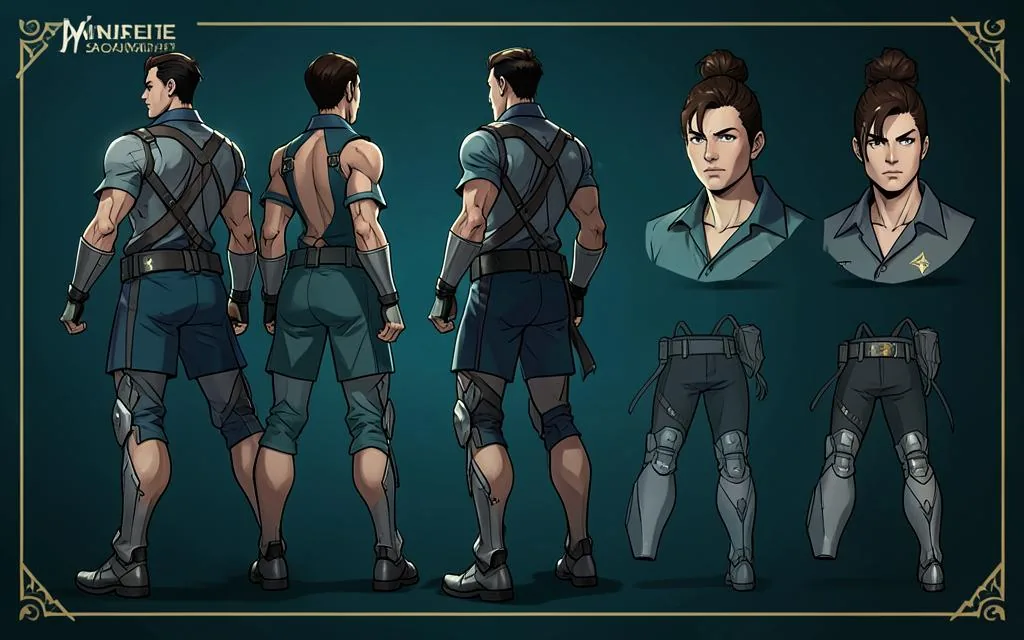 Character turnaround concept sheet with poses and costume studies