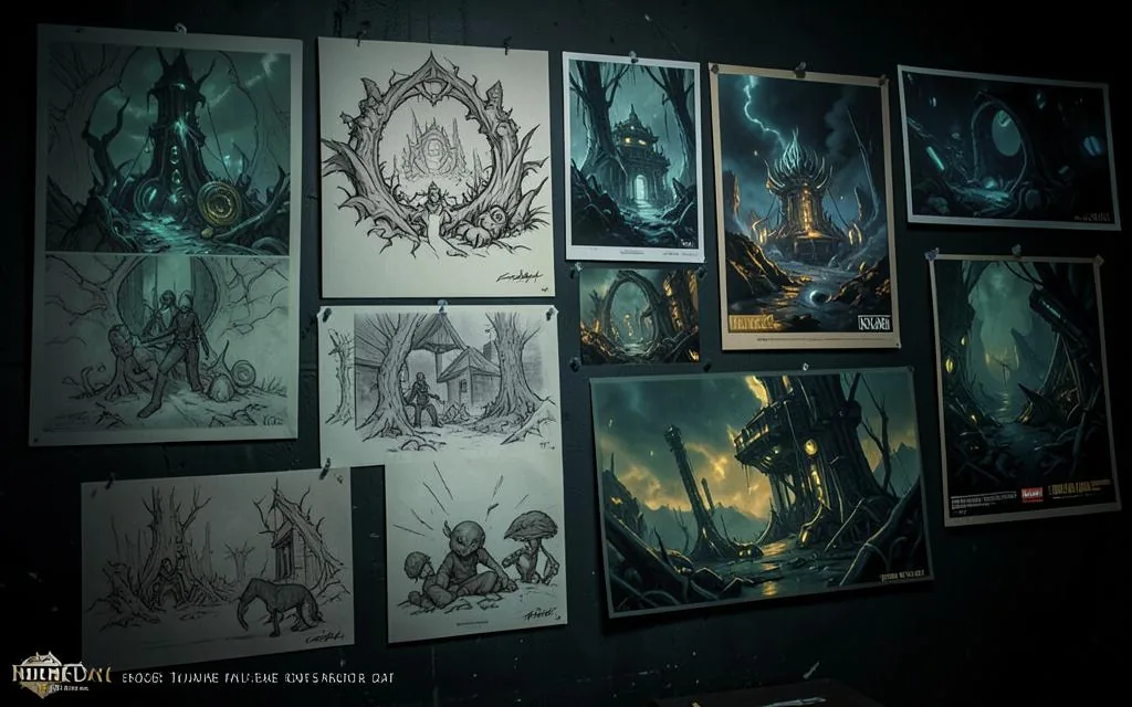 Concept art and environment sketches pinned to a studio wall