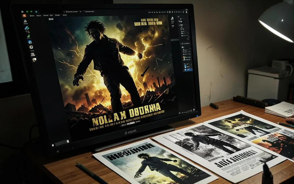 Cinematic poster key art on a screen with printed proofs